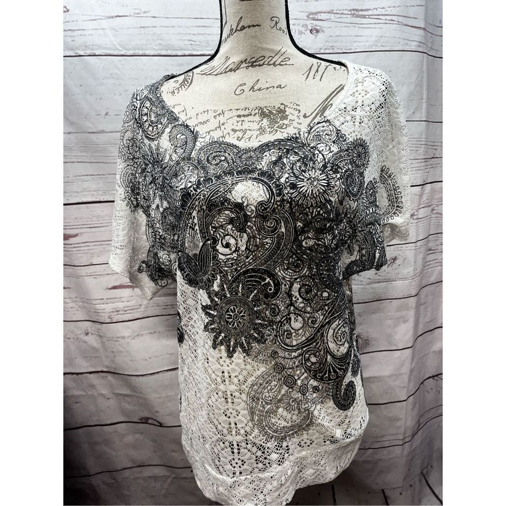 Espresso White Lace Burnout‎ Overlay Top Tunic Shirt Women's Size L